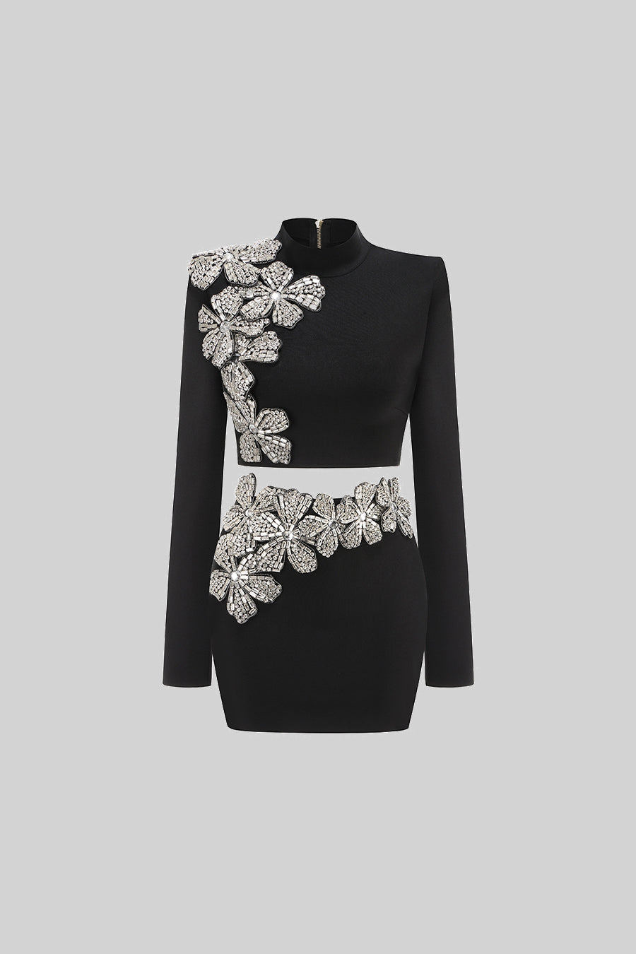 Diamond Flower Long Sleeve Top and Mini Skirt Two-Piece Set – Black – view 2