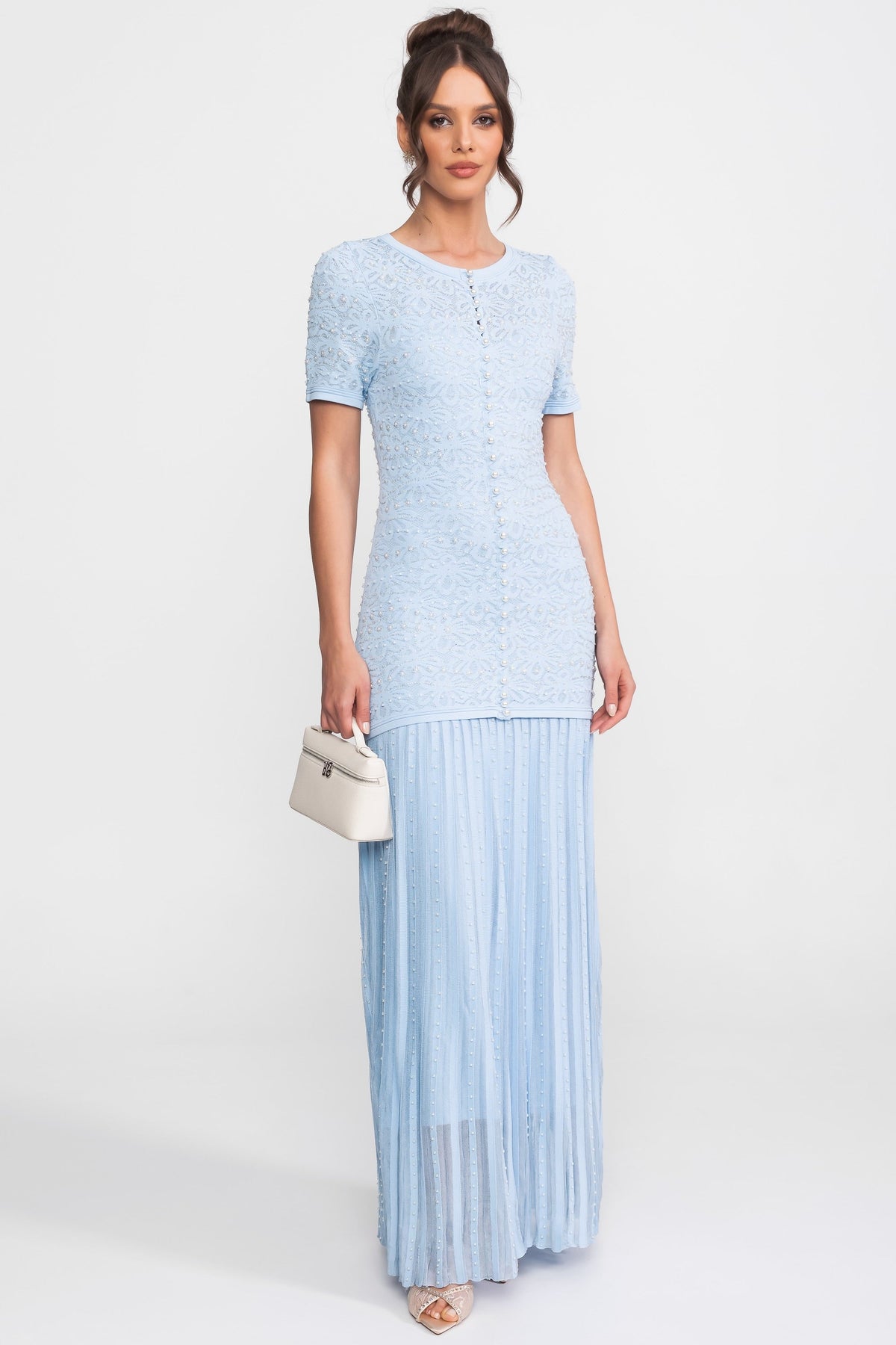 Pearl Embellished Short Sleeve Maxi Dress with Pleated Skirt – Powder Blue – view 3
