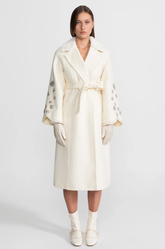 Crystal Embellished Wool Cashmere Wrap Coat – Ivory