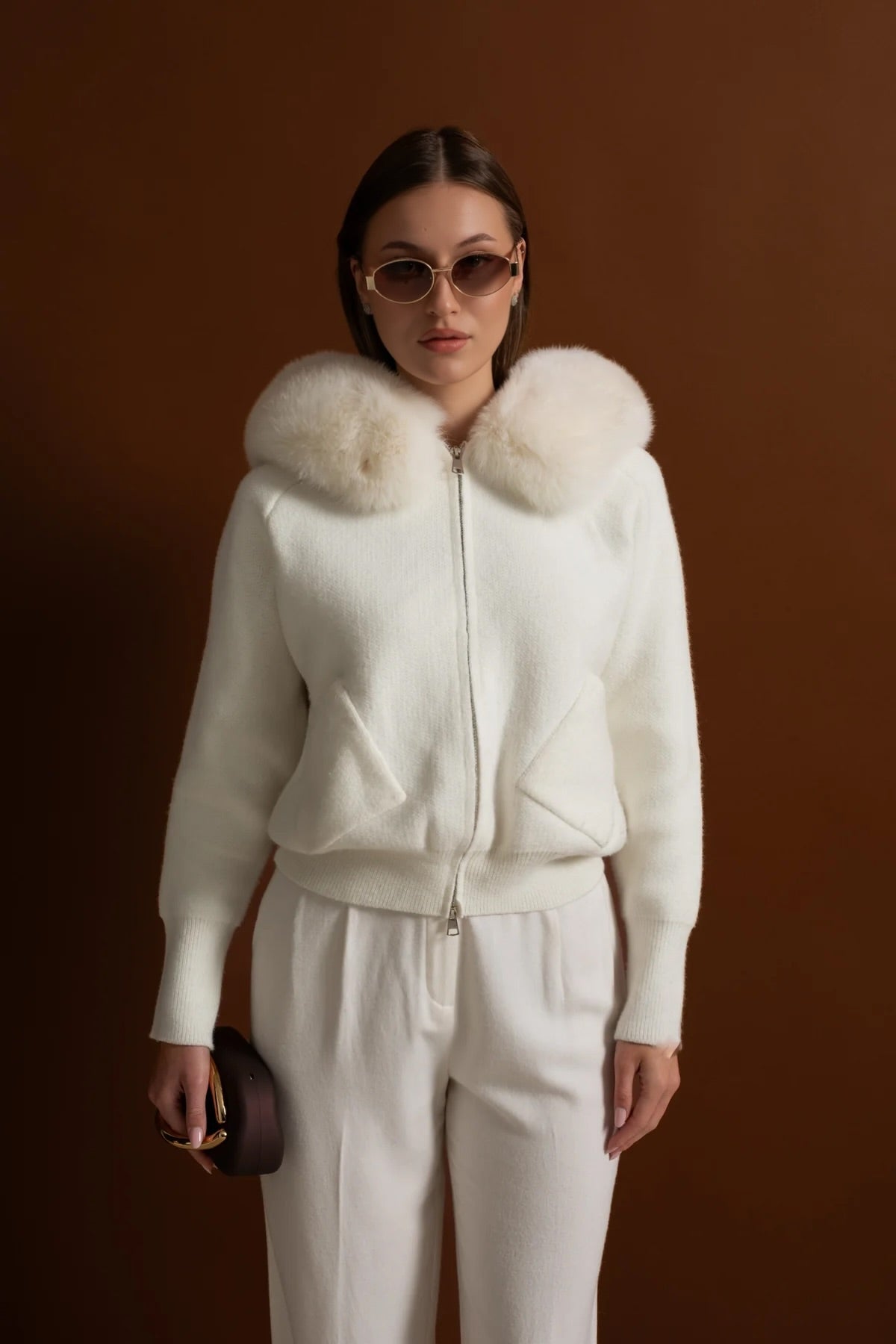 Zip-Up Wool Blend Knit Hoodie – Ivory – view 7