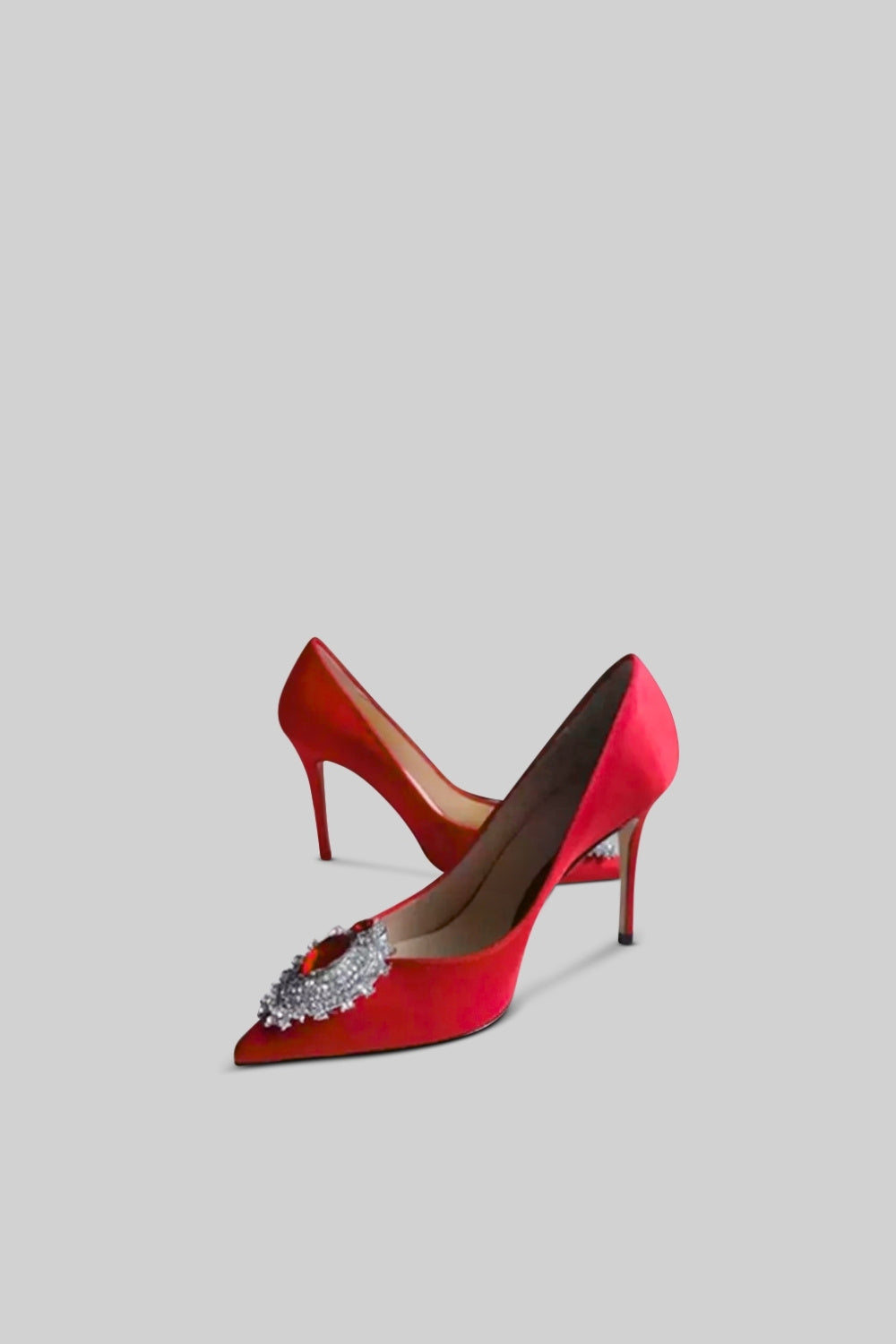 Satin Stiletto Heels with Silver Diamond and Red Stone Detail – Red – view 4