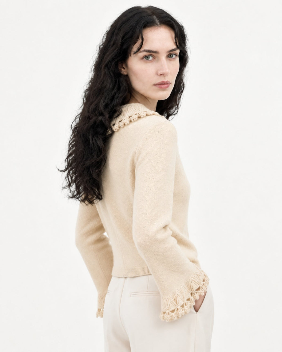 Cashmere Crochet Peter Pan Collar Thick Knit Cardigan – view 11