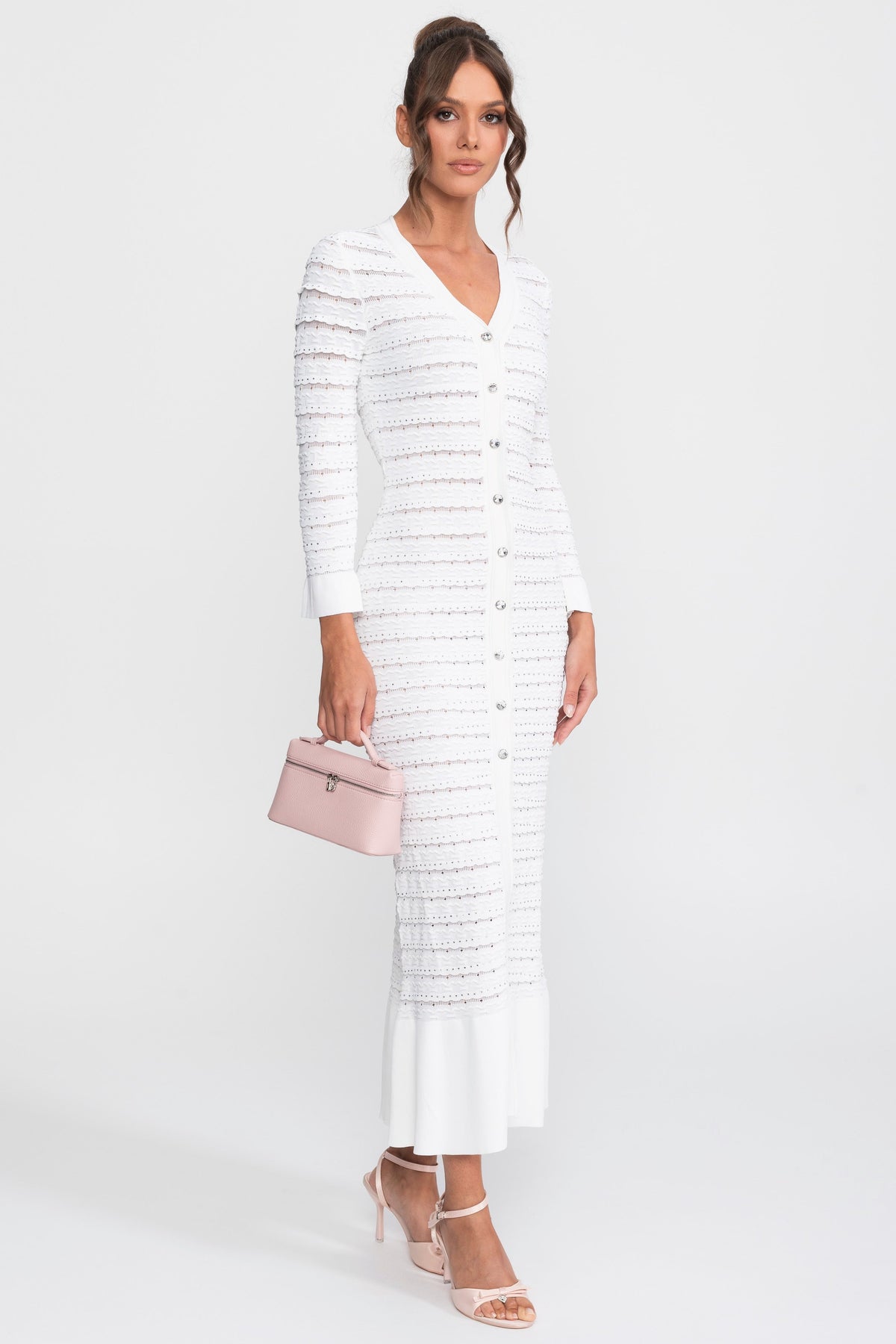 Textured Knit Maxi Cardigan Dress with Crystal Buttons – White – view 2