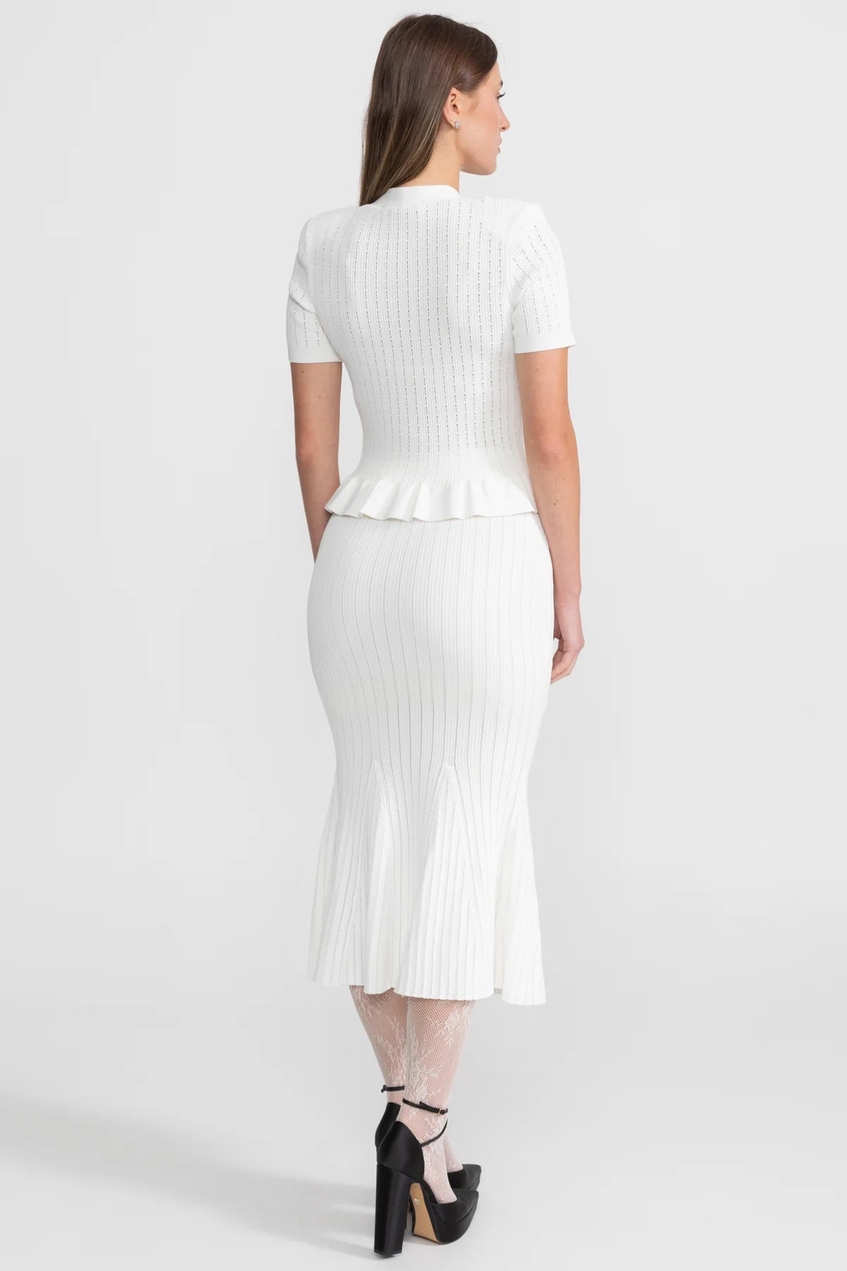 Ribbed Knit Peplum Top and Midi Skirt Co-ord with Gold Buttons – White – view 3