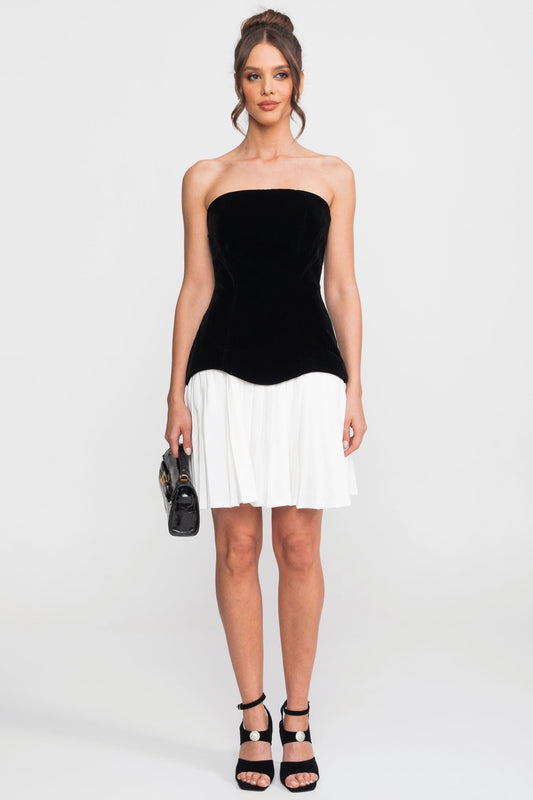 Strapless Velvet Mini Dress with Contrast Sunray Pleated Skirt – Black