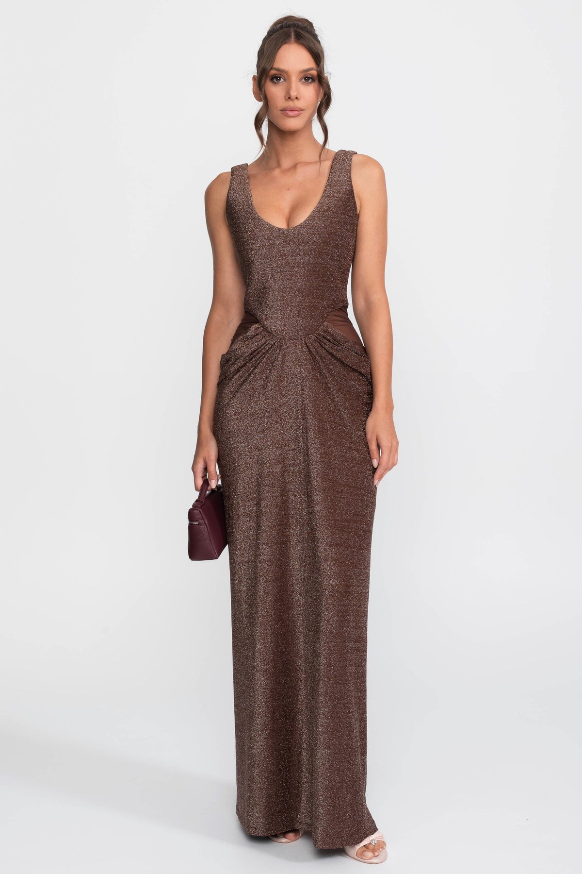 Metallic Knit Column Gown with Scoop Neck and Mesh Cut-Outs – Coffee