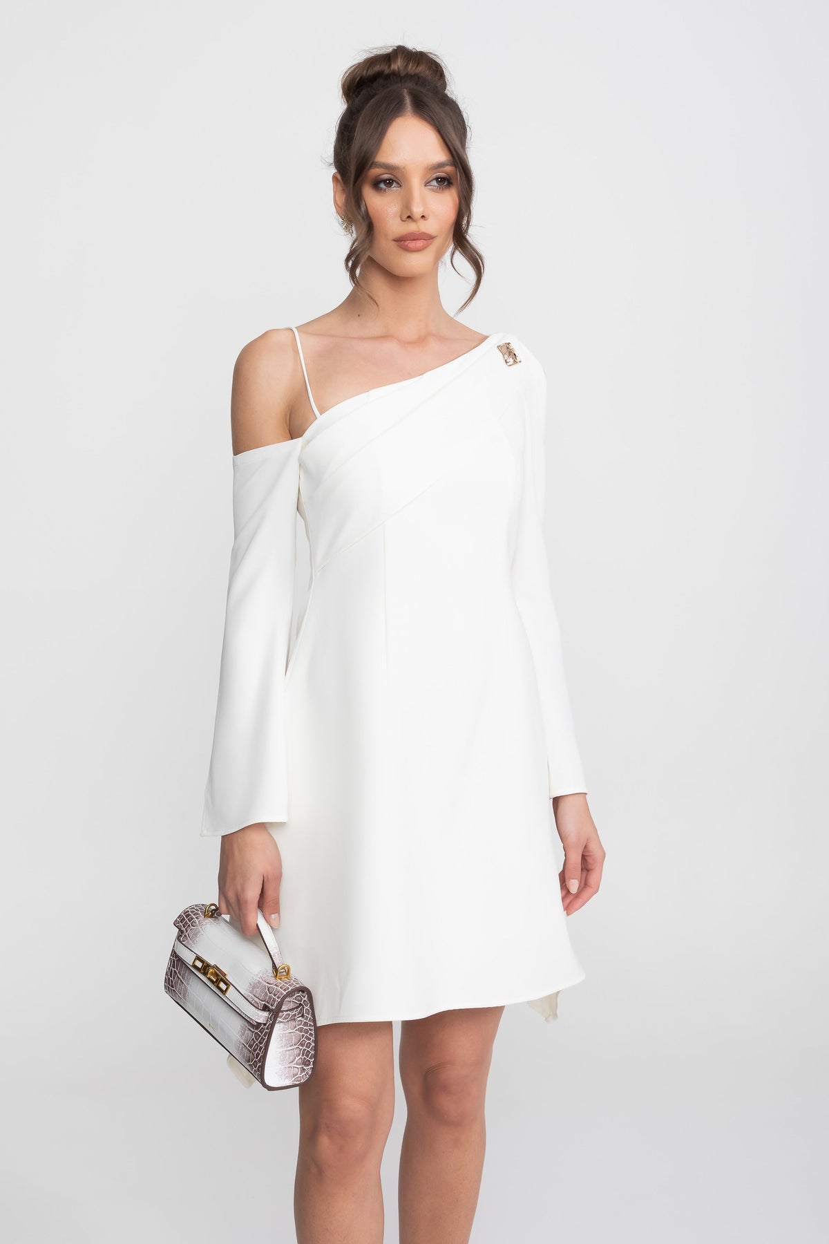 Asymmetric Cold-Shoulder A-Line Mini Dress with Gold Brooch – White