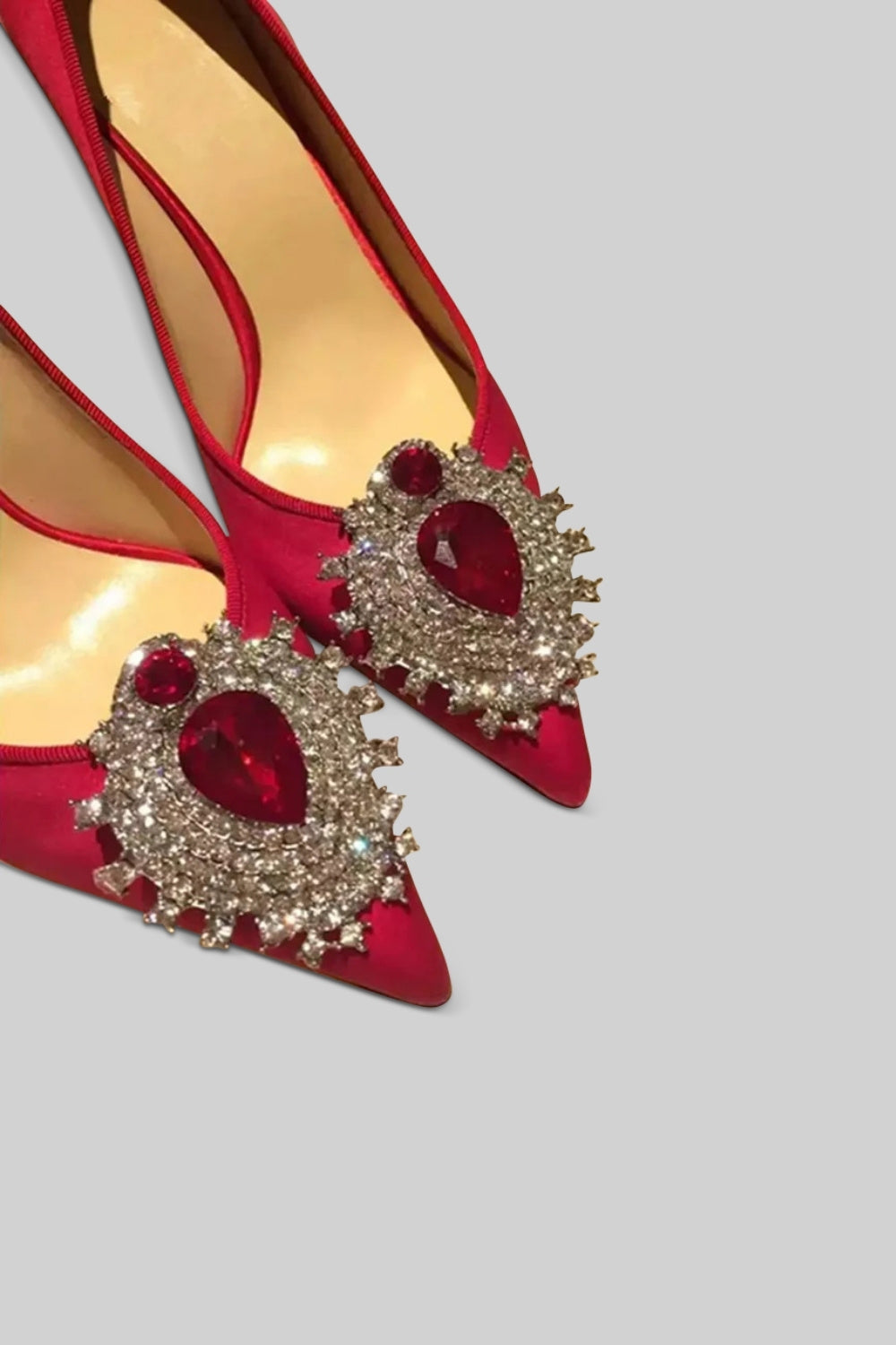 Satin Stiletto Heels with Silver Diamond and Red Stone Detail – Red – view 6