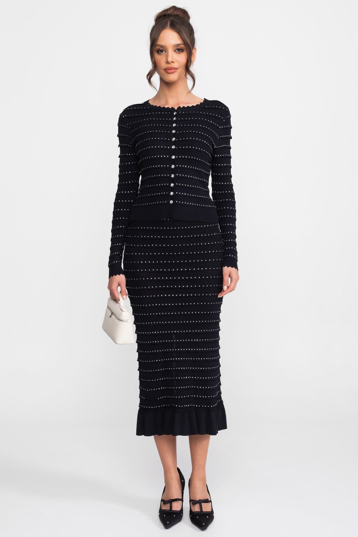 Bouclé Knit Puff Sleeve Blazer, Top and Midi Skirt Three-Piece Set – Black