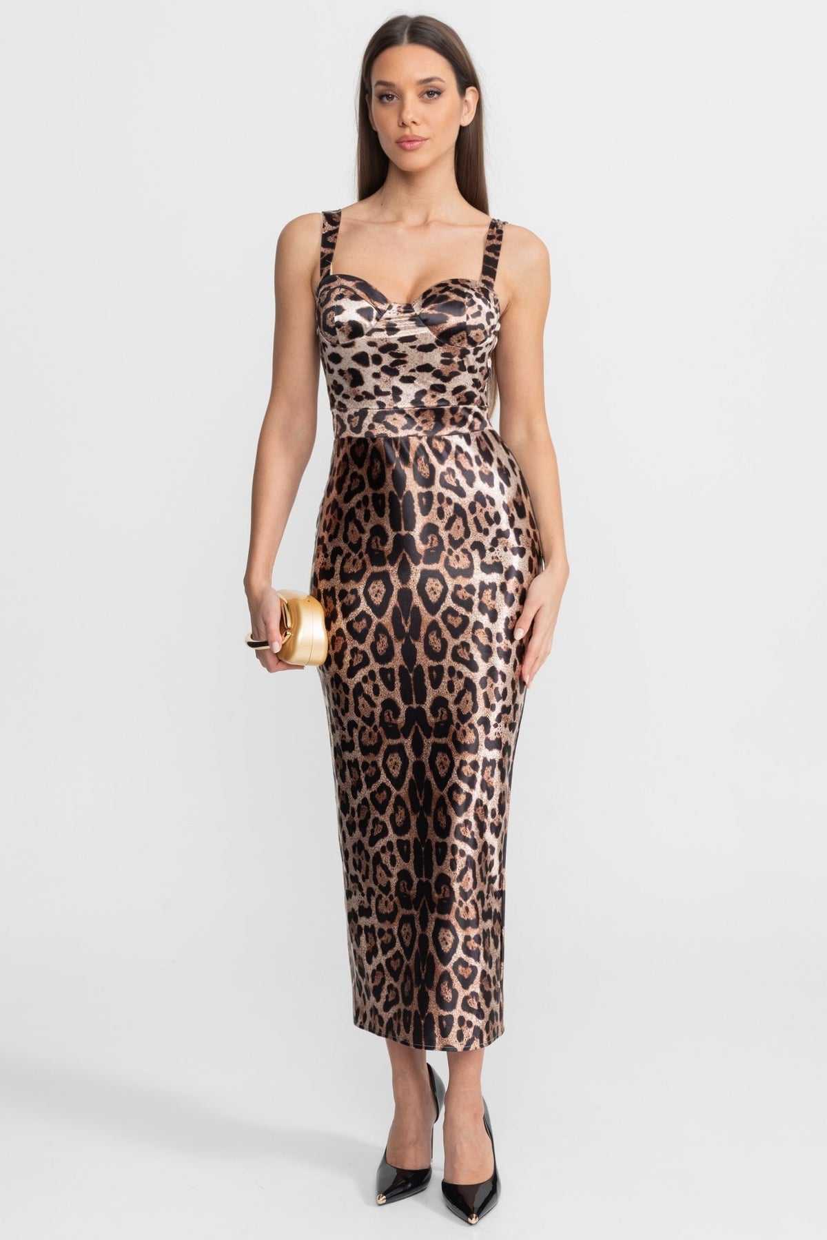 Leopard Print Satin Sweetheart Midi Dress with Wide Straps – Brown – view 2
