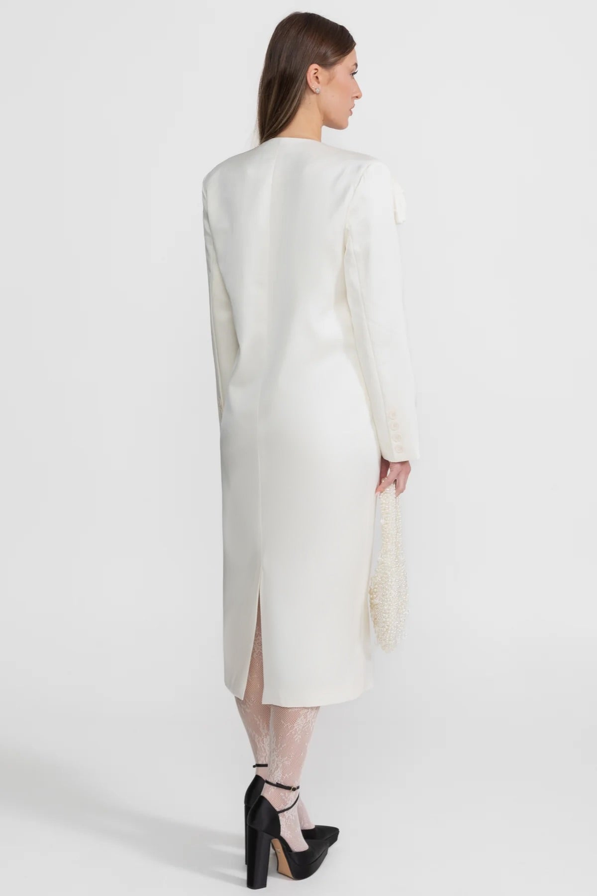 Satin Single-Breasted Blazer Dress with Rose Detail – Ivory – view 4