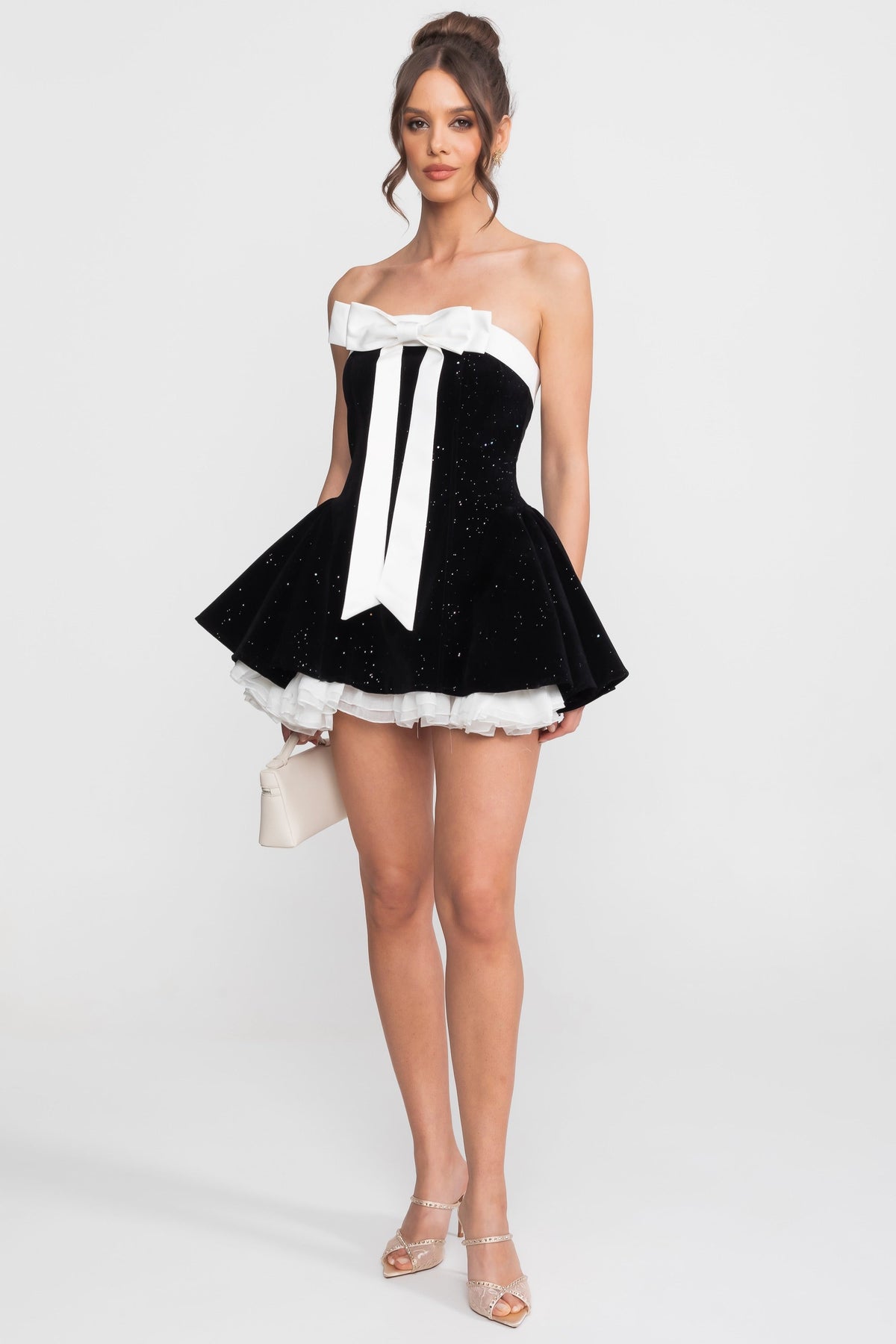 Strapless Crystal Velvet Mini Dress with Satin Bow and Ruffle Hem – Black – view 3