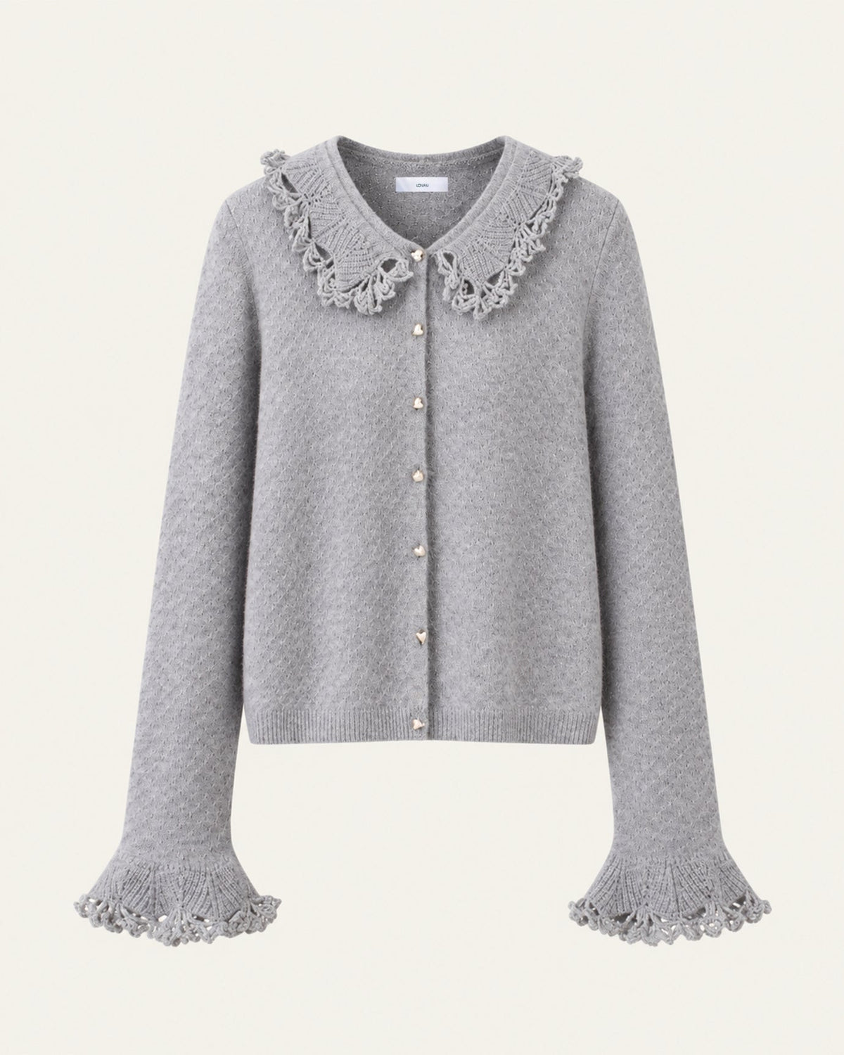 Cashmere Crochet Peter Pan Collar Thick Knit Cardigan – Gray – view 1