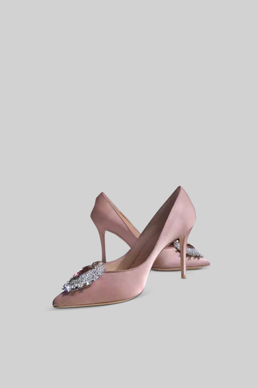 Satin Stiletto Heels with Silver Diamond and Red Stone Detail – Pink – view 2
