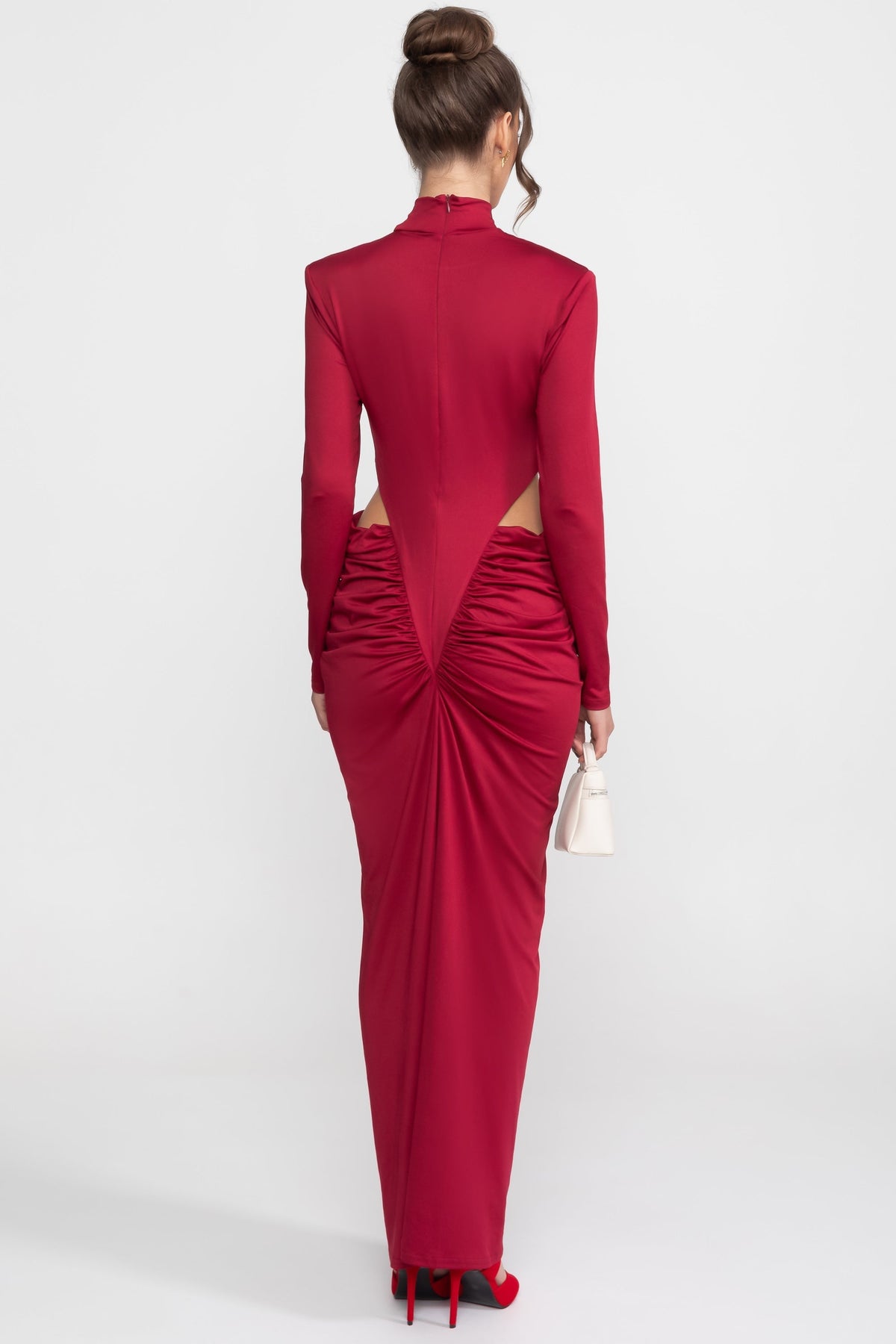 High Neck Long Sleeve Jersey Maxi Dress with Cut-Out Waist – Red – view 3