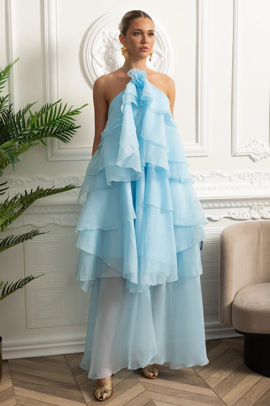 Halter Rosette Neck Tiered Ruffle High-Low Maxi Dress – Sky Blue