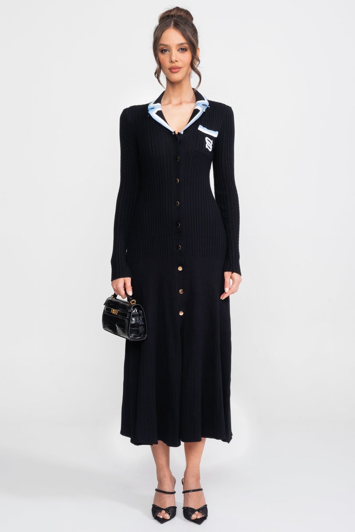 Ribbed Knit Polo Collar Long Sleeve Midi Dress with Monogram Pocket – Black
