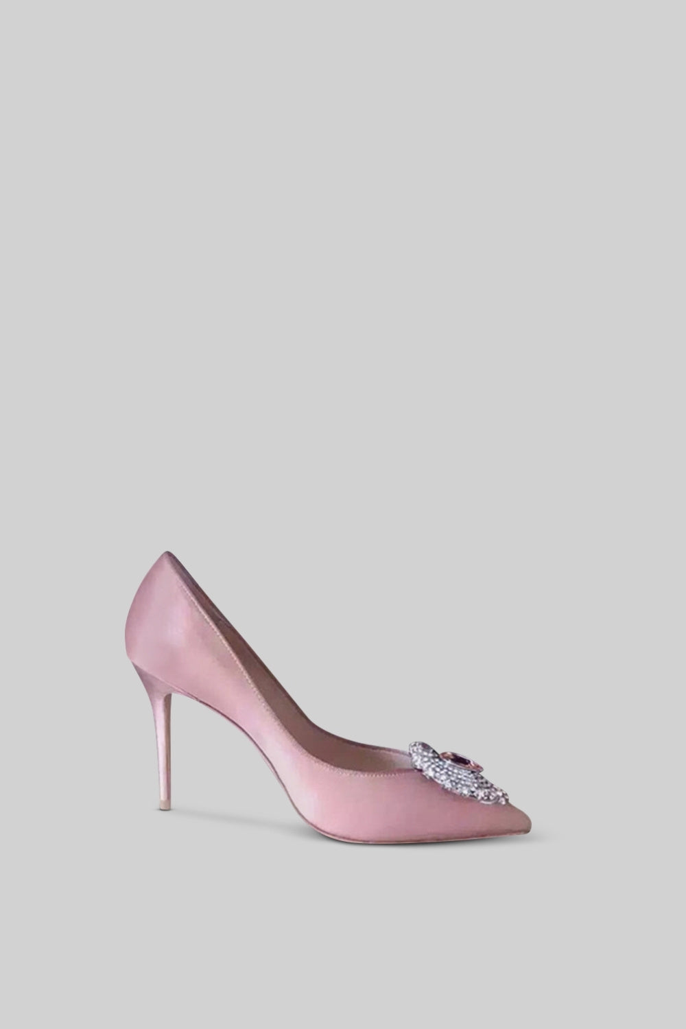 Satin Stiletto Heels with Silver Diamond and Red Stone Detail – Pink