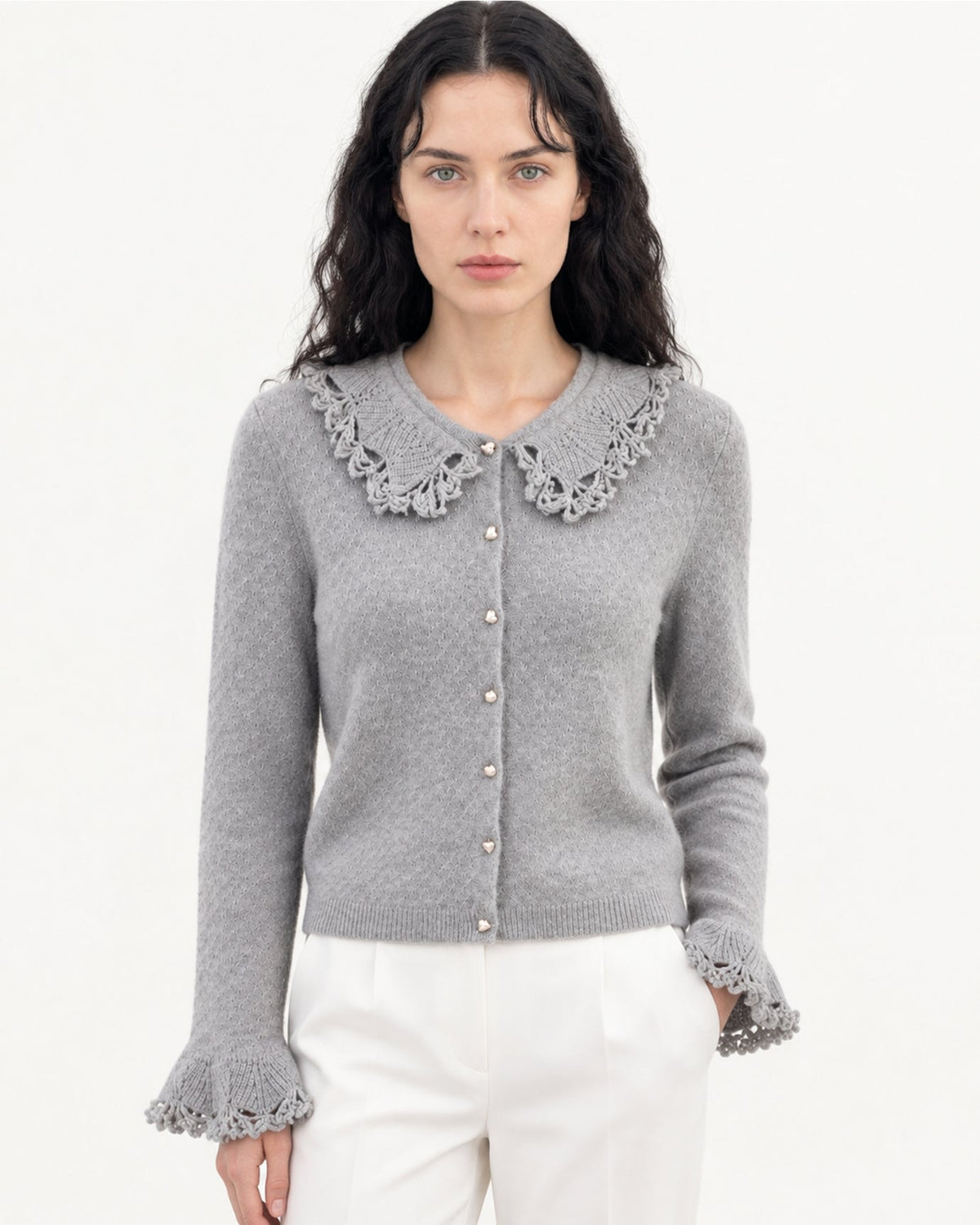 Cashmere Crochet Peter Pan Collar Thick Knit Cardigan – view 2
