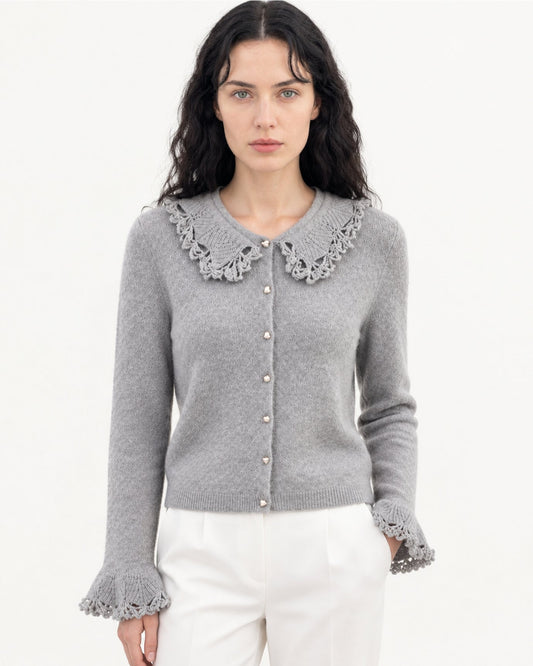 Cashmere Crochet Peter Pan Collar Thick Knit Cardigan – view 2