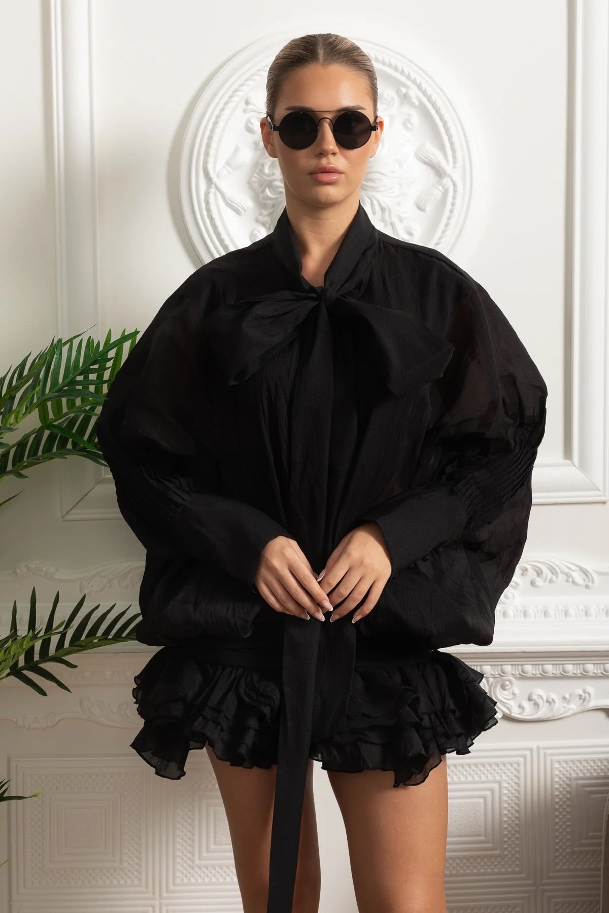 Sheer Bow Neck Balloon Sleeve Mini Dress with Ruffle Hem – Black – view 3