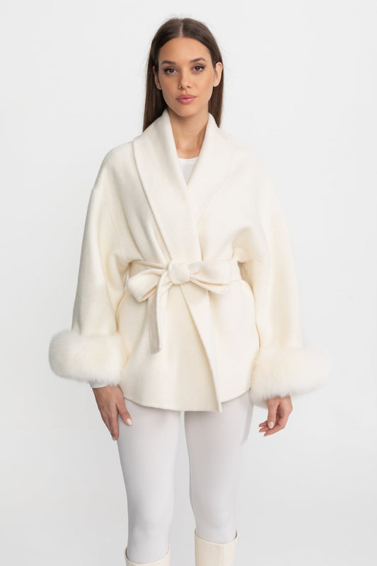 Wool Blend Wrap Jacket with Detachable Cuffs – Ivoire