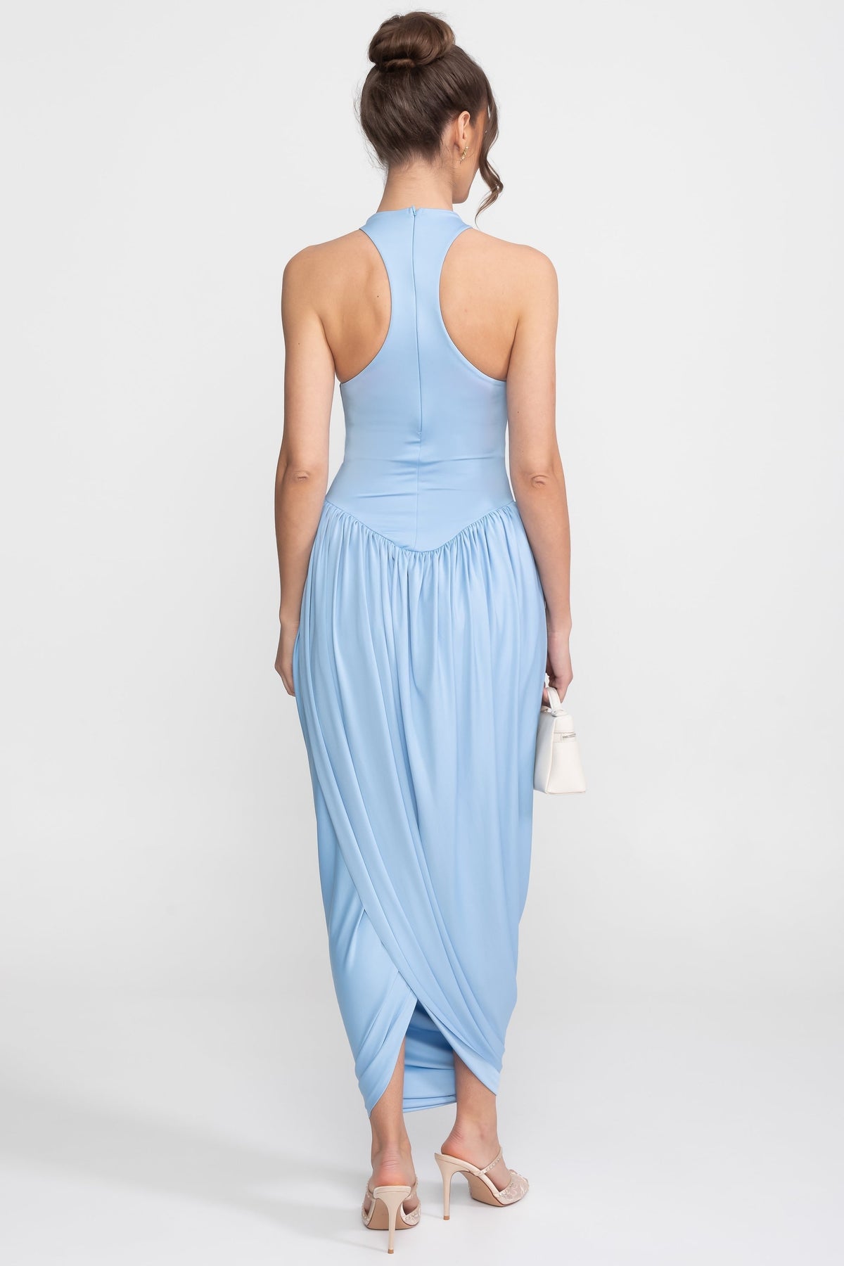 High Halter Neck Fitted Maxi Dress with Gathered Balloon Skirt – Light Blue – view 7