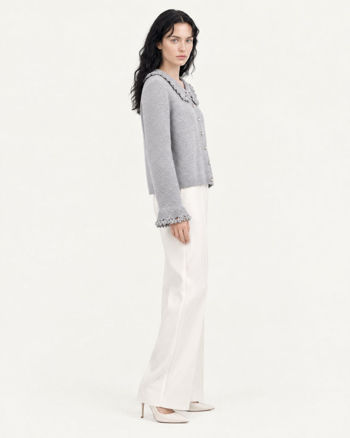 Cashmere Crochet Peter Pan Collar Thick Knit Cardigan – view 4
