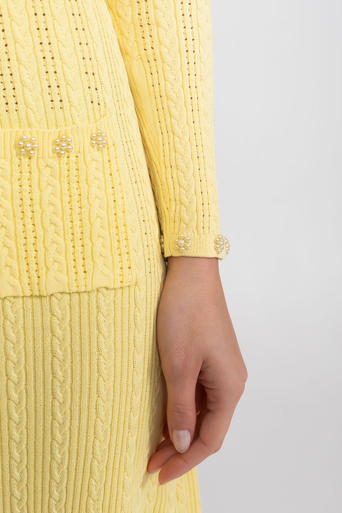 Ribbed Knit Midi Dress and Cropped Cardigan Set with Pearl Buttons – Yellow – view 12