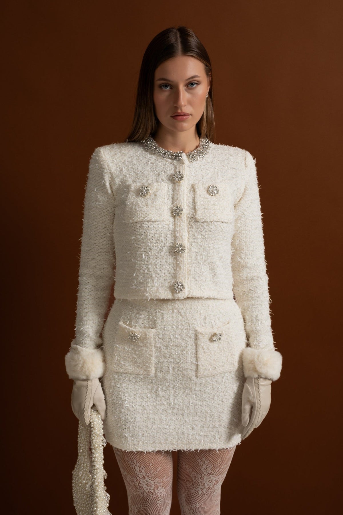 High Waisted Bouclé Tweed Mini Skirt with Crystal Buttons – White – view 6