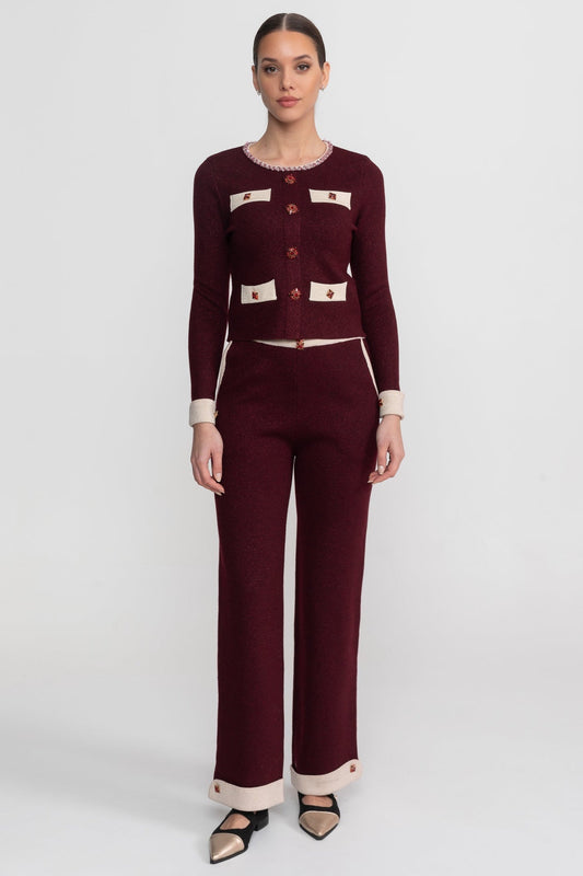 Cropped Knit Cardigan and Wide Leg Trousers Set with Contrast Trim – Burgundy