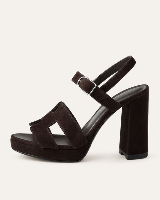 H-Band Suede Platform Block Heel Sandals with Rounded Toe
