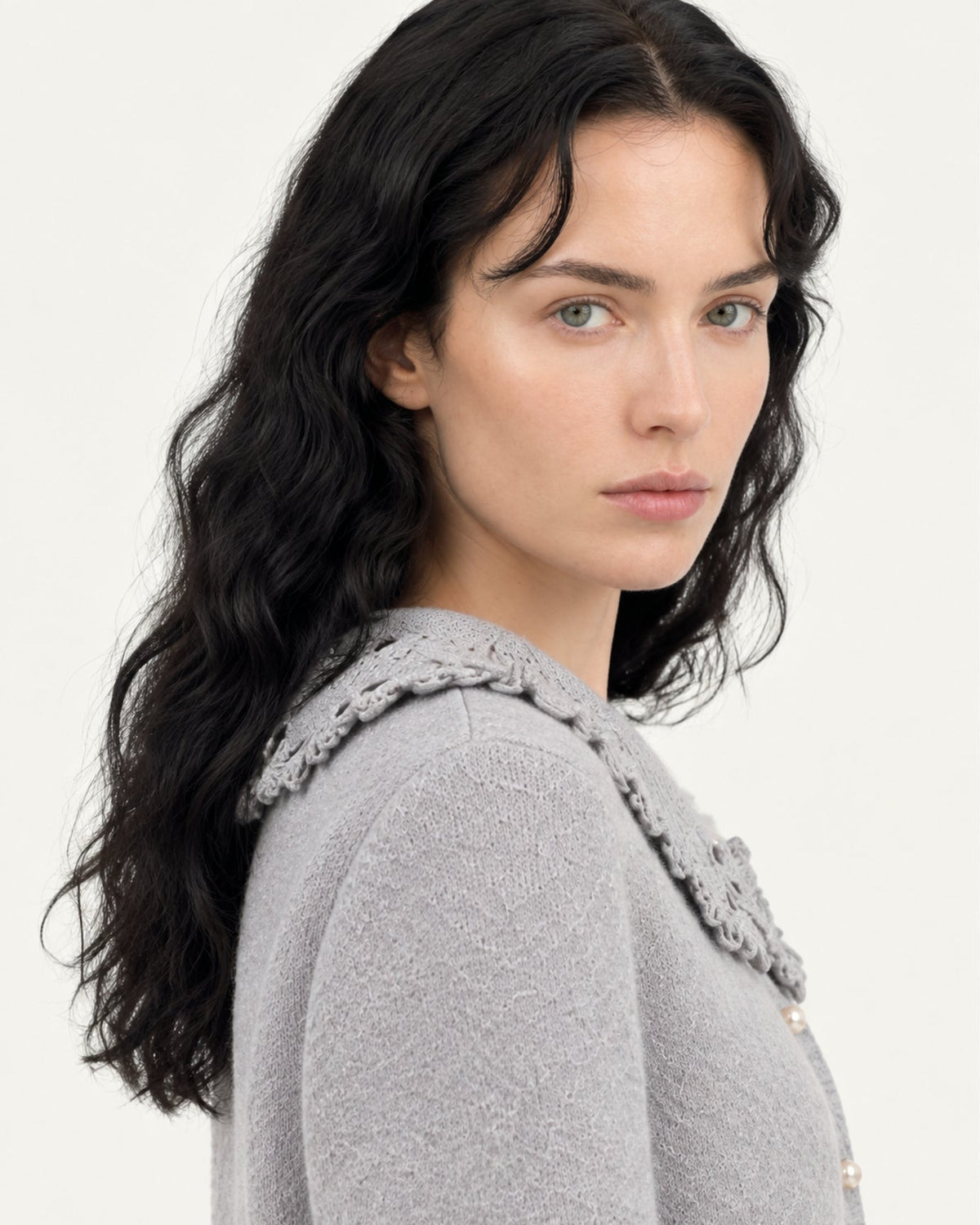 Cashmere Crochet Peter Pan Collar Thick Knit Cardigan – view 3