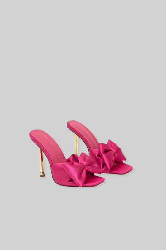 Satin 3D Ribbon Sandals with Gold Metallic Heel – Fuchsia