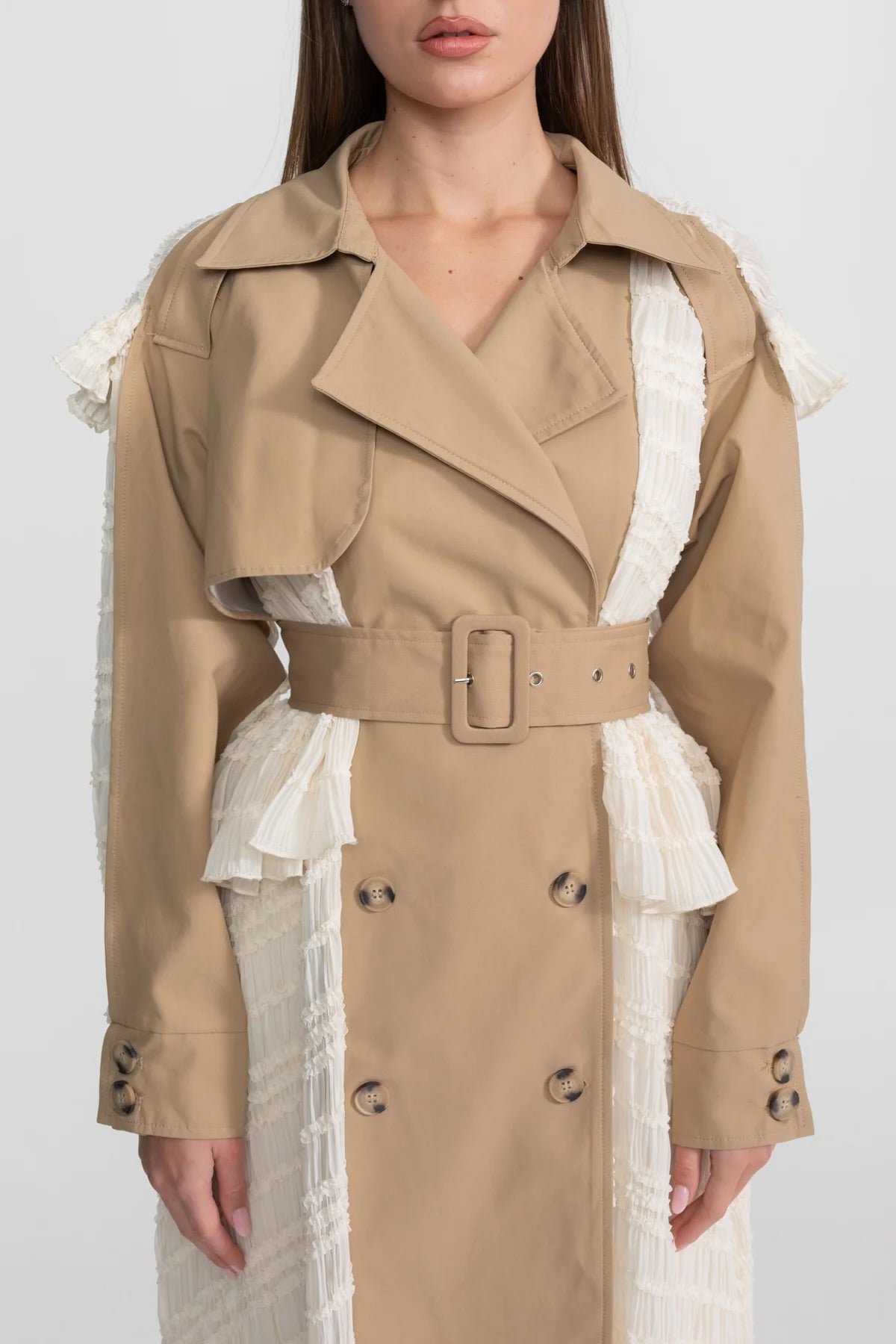 Longline Double-Breasted Lace Panel Trench Coat with Belt – Beige – view 3