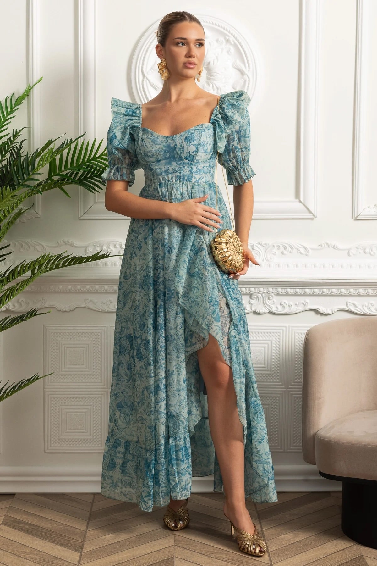 Sweetheart Neck Printed Maxi Dress with Puff Sleeves and Front Slit – Blue – view 2