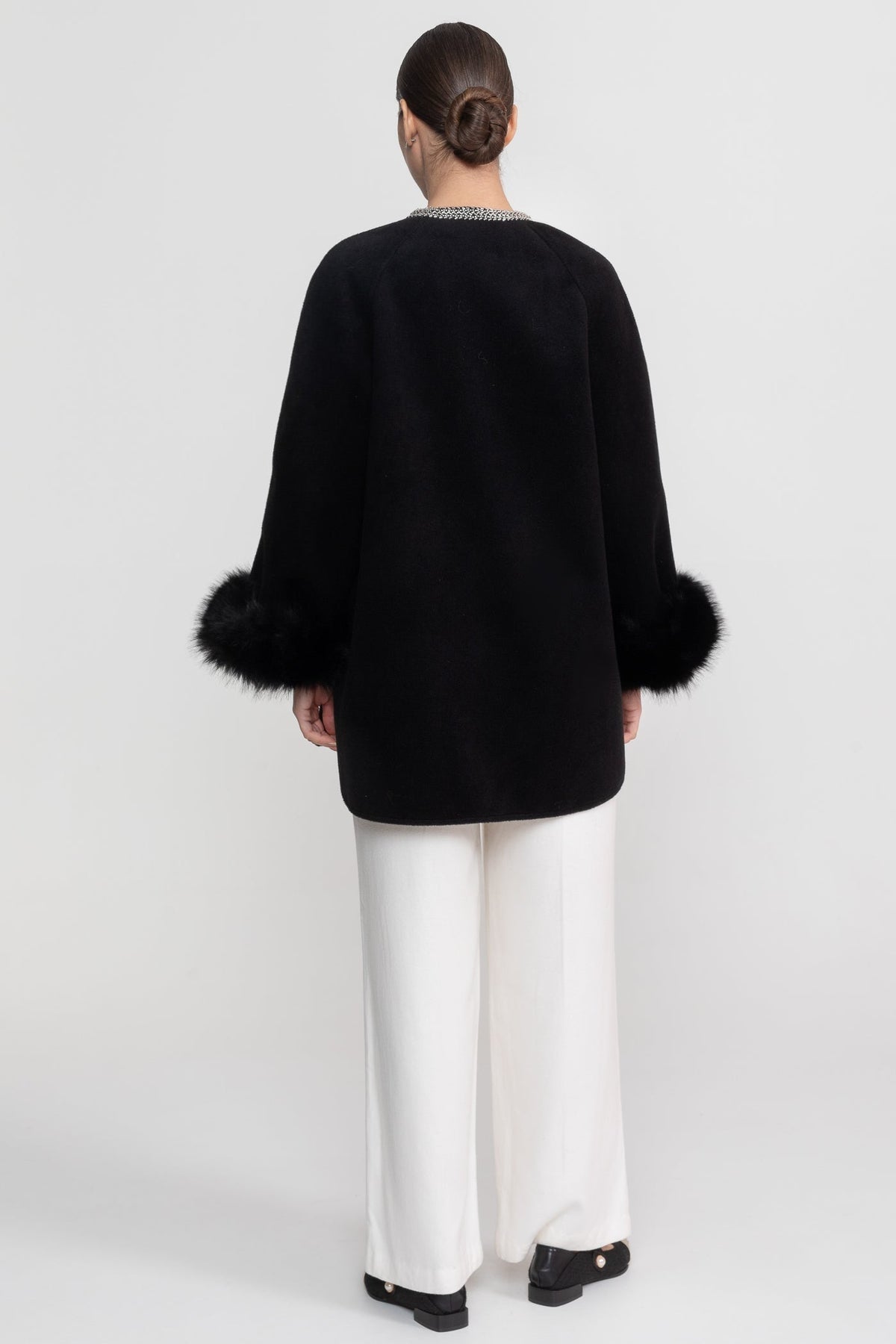 Longline Coat with Pearl Embellished Neckline and Faux Fur Cuffs – Black – view 7