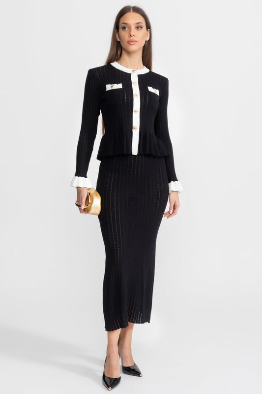 Pointelle Knit Peplum Top and Midi Skirt Set with Contrast Trim – Black