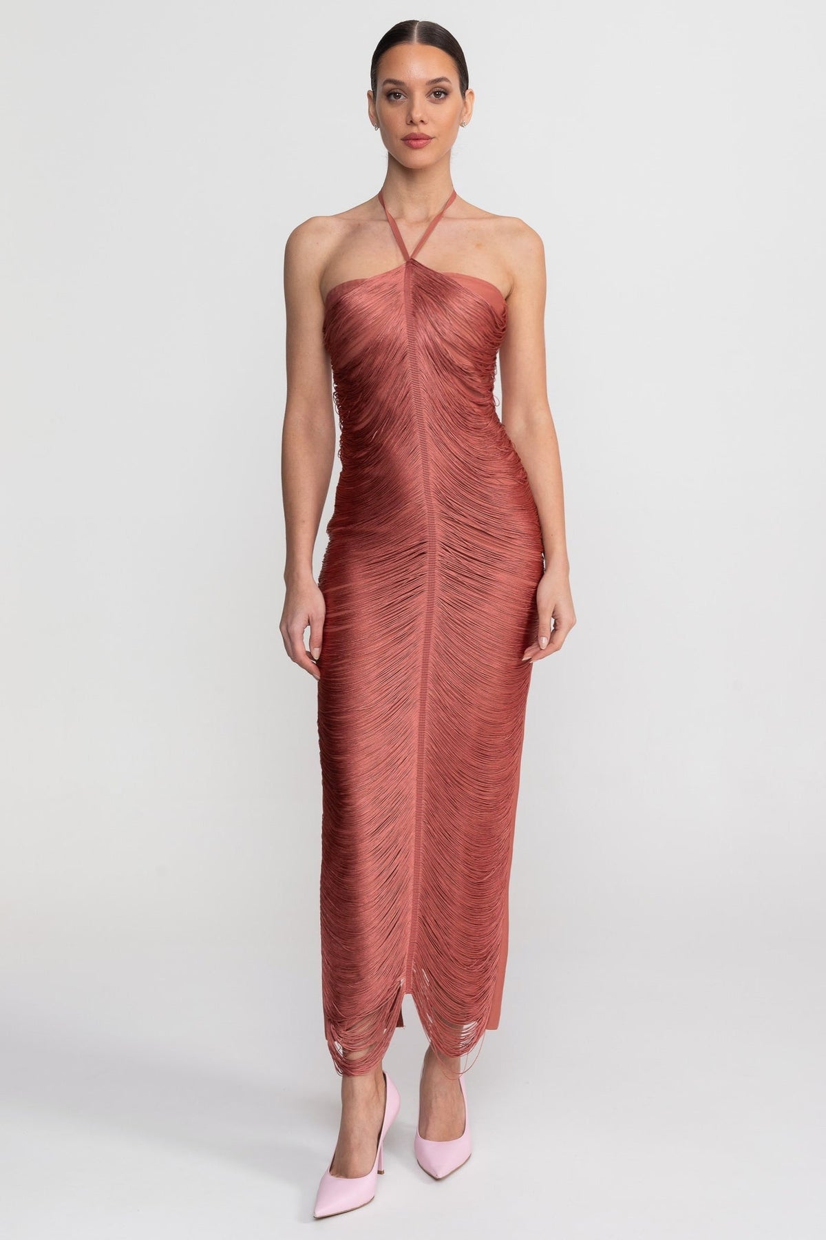 Pleated Halter Neck Body-Contouring Dress with Front Slit – Light Brown – view 1