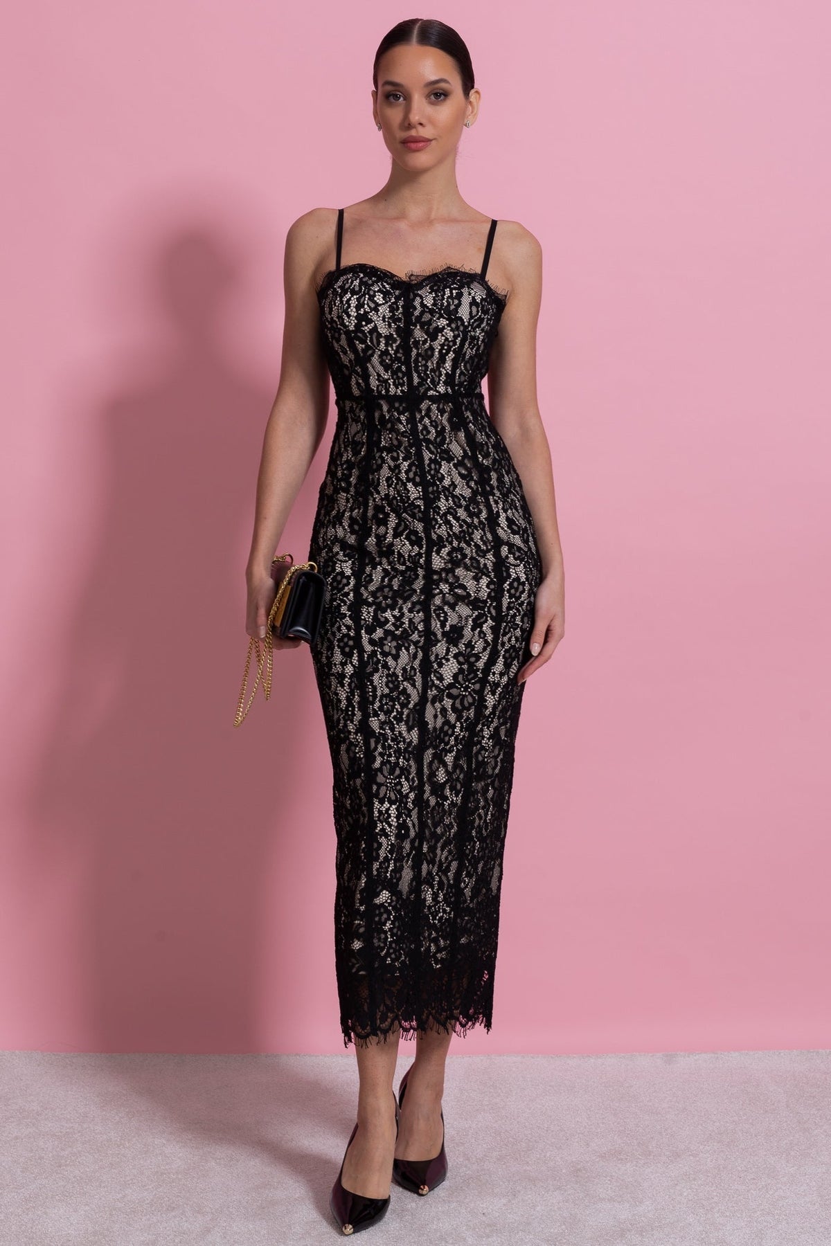 Lace Pencil Midi Dress with Sheer Corset Bodice and Sweetheart Neck – Black – view 3