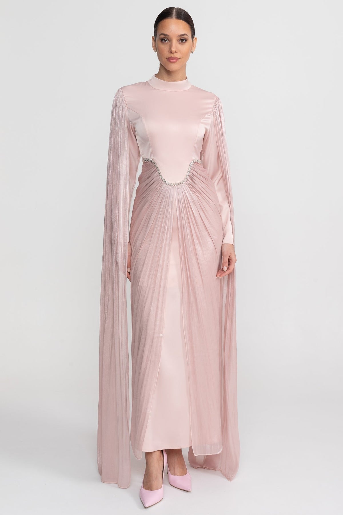 High Neck Maxi Dress with Draped Sheer Overlay and Crystal Waist – Blush Pink – view 1