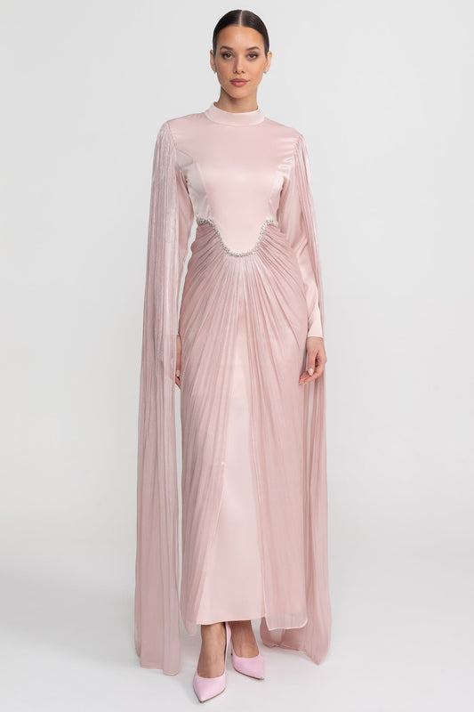 High Neck Maxi Dress with Draped Sheer Overlay and Crystal Waist – Blush Pink