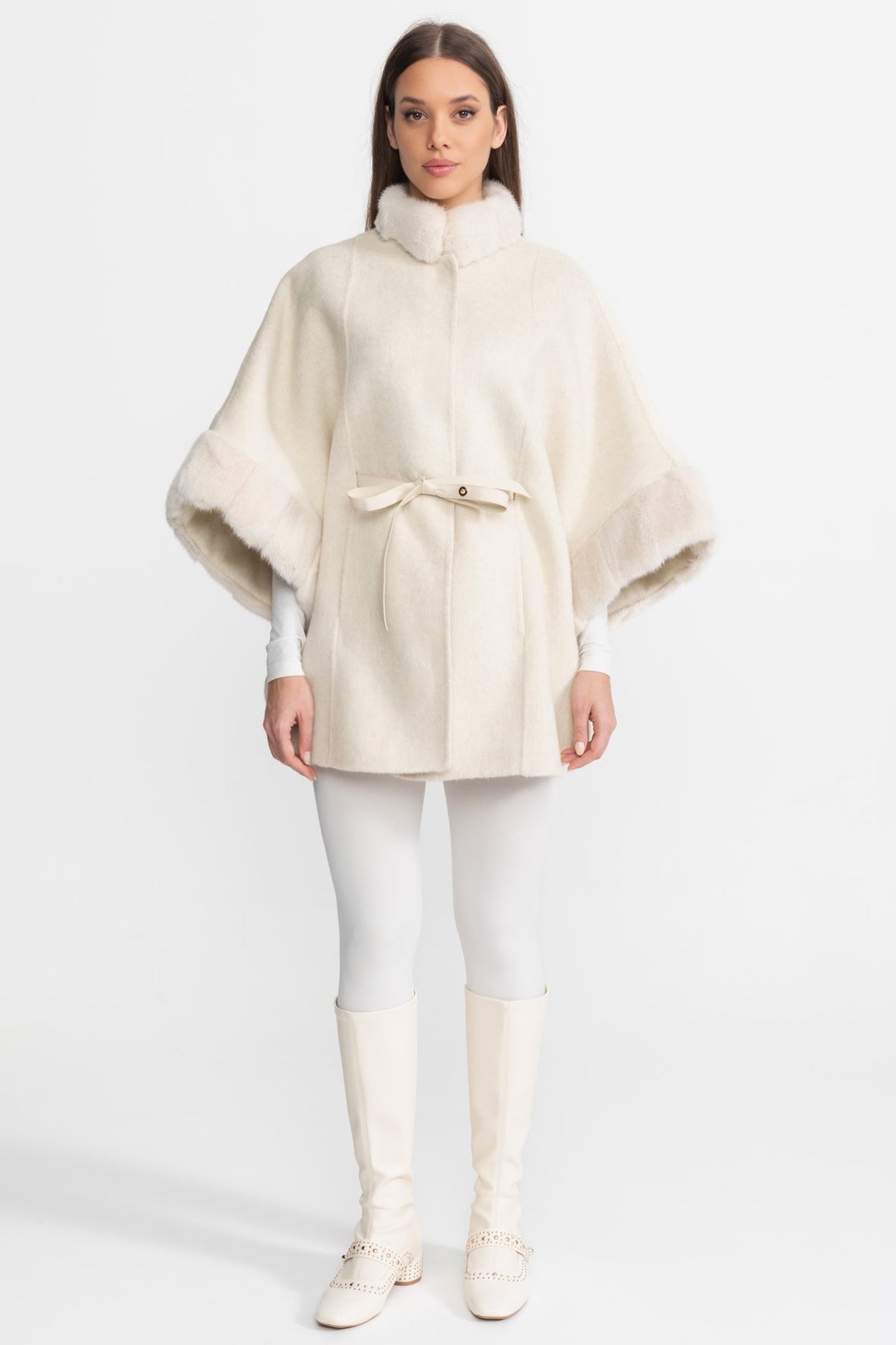 Wool Blend Cape Coat with Collar Trim and Tie Belt – Ivoire – view 1