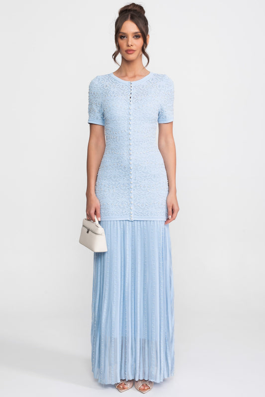 Pearl Embellished Short Sleeve Maxi Dress with Pleated Skirt – Powder Blue