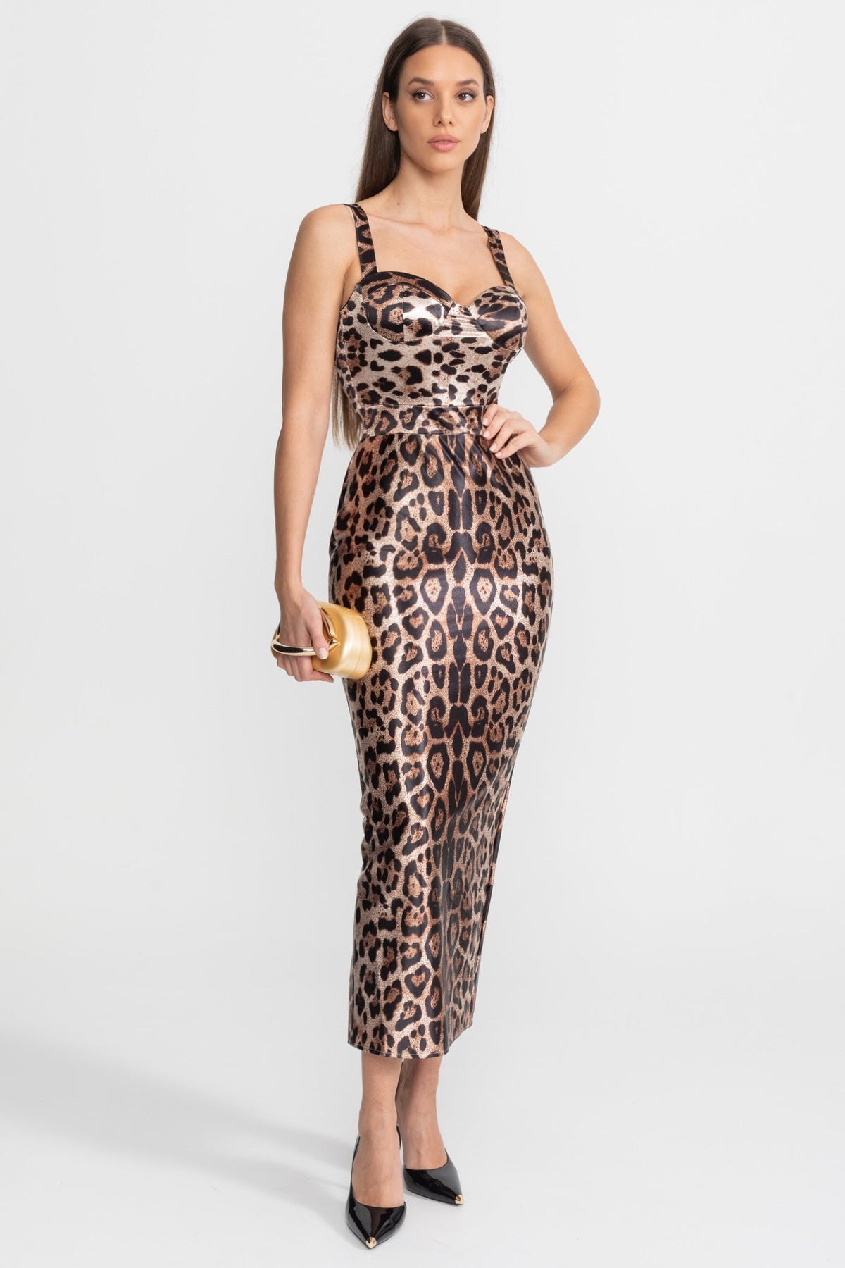 Leopard Print Satin Sweetheart Midi Dress with Wide Straps – Brown