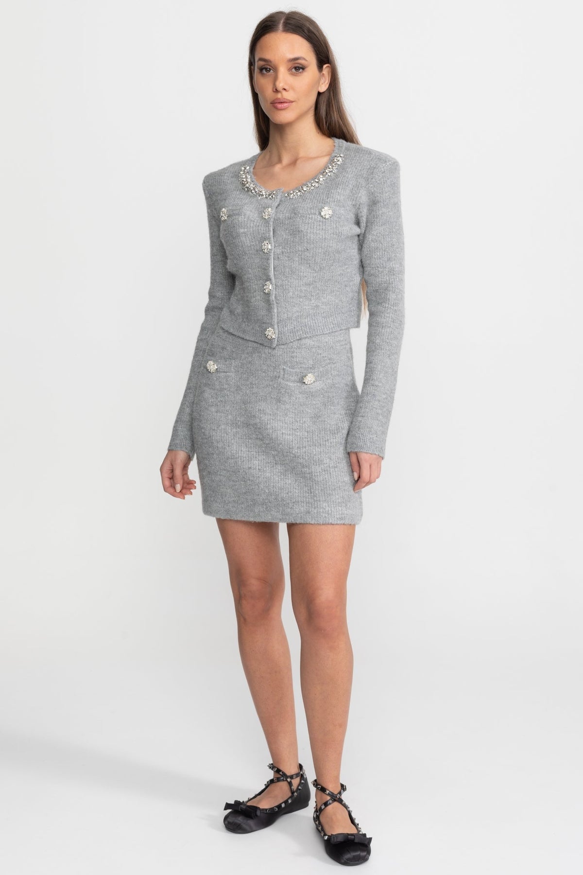 Embellished Knit Cardigan and Mini Skirt Co-ord Set with Crystal Buttons – Grey – view 3