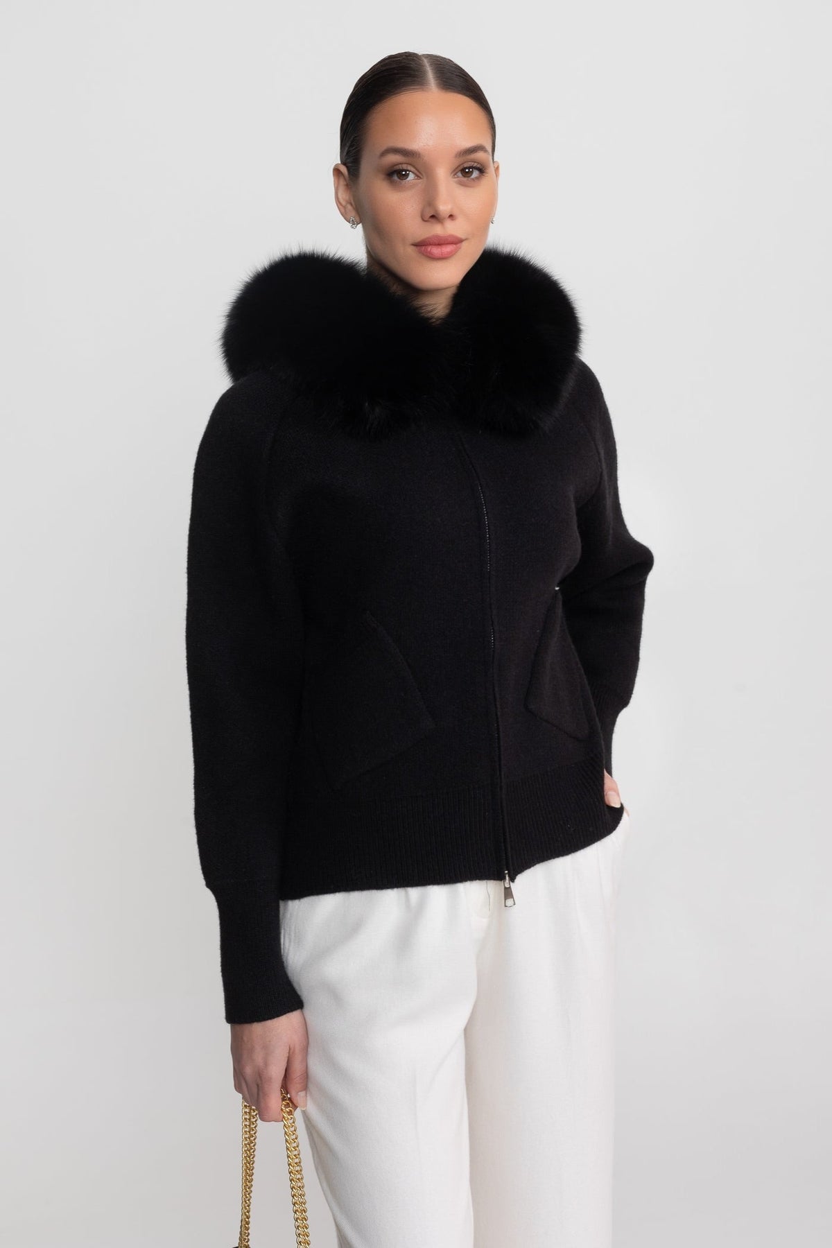Zip-Up Wool Blend Knit Hoodie – Black – view 2
