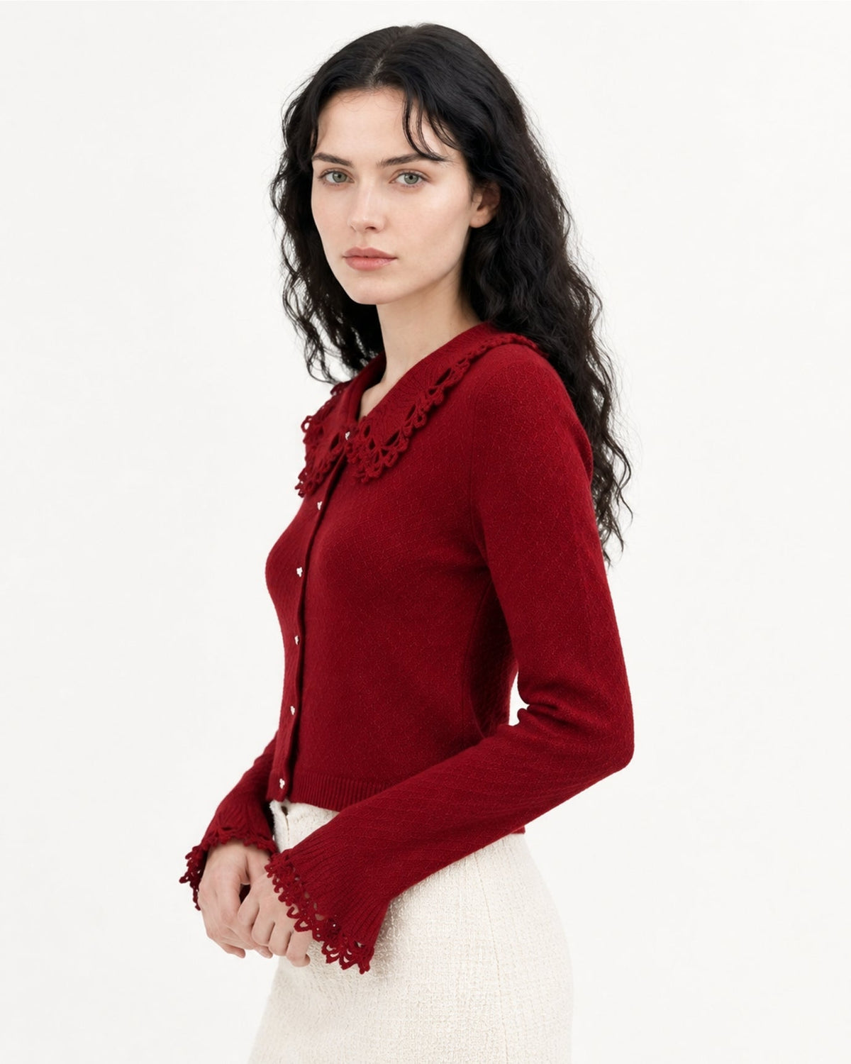 Cashmere Crochet Peter Pan Collar Thick Knit Cardigan – view 7