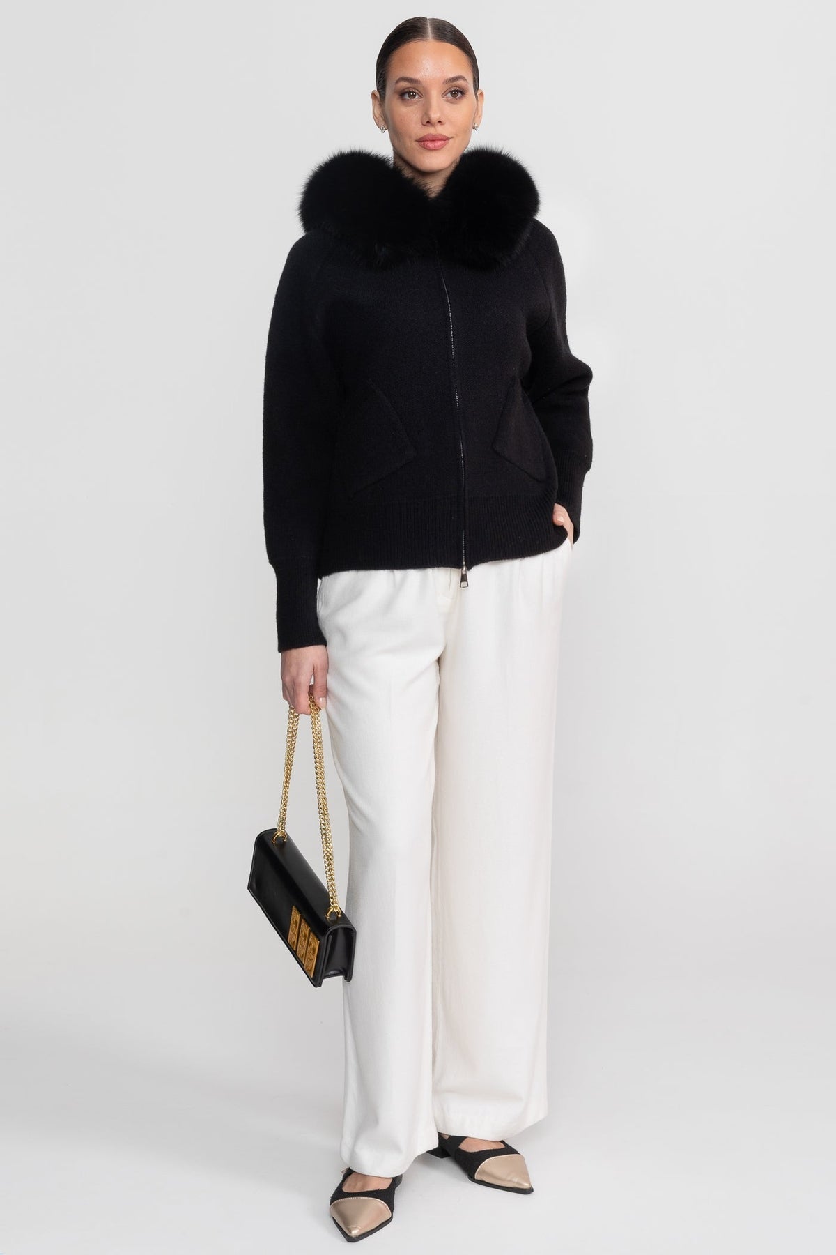 Zip-Up Wool Blend Knit Hoodie – Black – view 4
