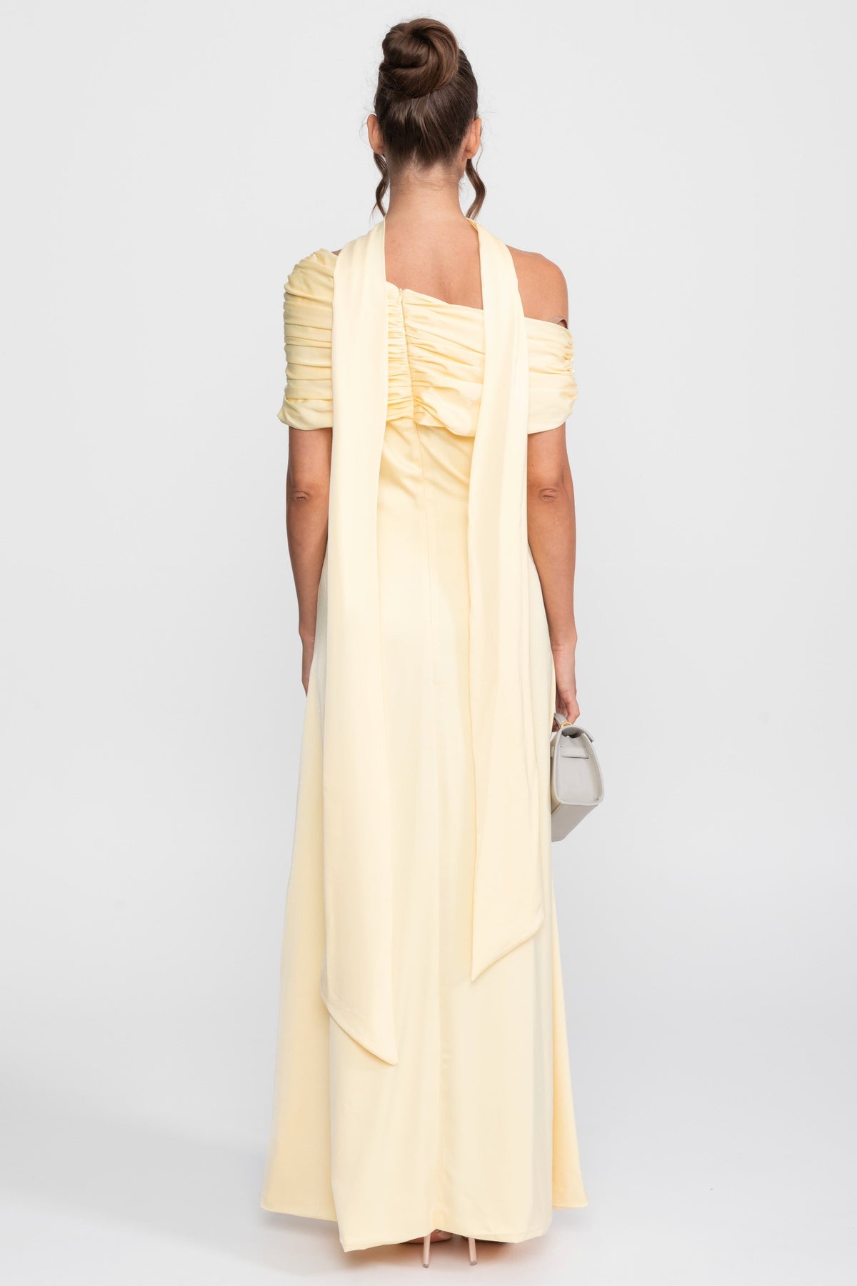 One-Shoulder Draped Satin Maxi Gown with Ruched Wrap Collar – Yellow – view 5